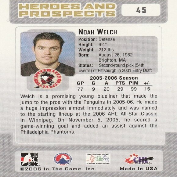Noah Welch - 2006 ITG Heroes & Prospects Hockey Card - Picture 2 of 2